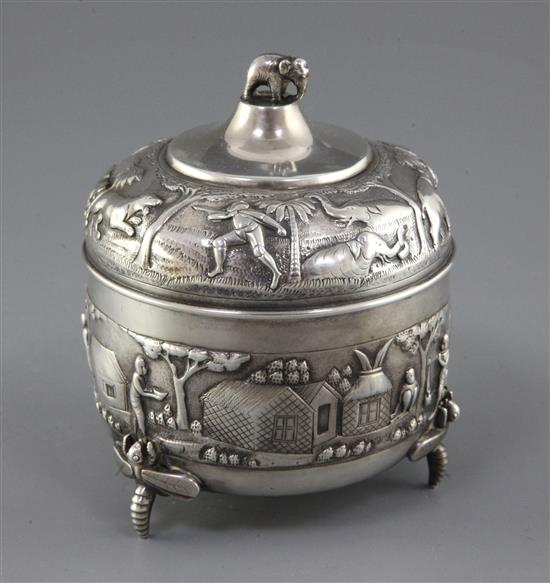 A late 19th century Indian silver circular box and cover by C. Krishniah Chetty, Bangalore, 6 oz.
